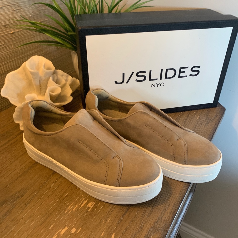 J/Slides Womens Heidi Suede Leather Slip On Low Top Platform Sneakers Tan size 7